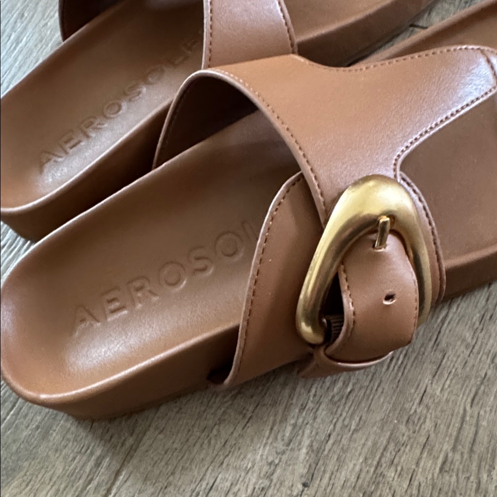 AEROSOLES Tan Sandals with Gold Buckle - Picture 4 of 7